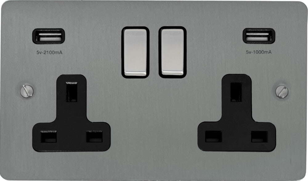 Flat Brushed Steel 2 Gang Usb Double Socket