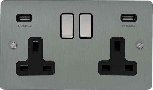 Flat Brushed Steel 2 Gang Usb Double Socket