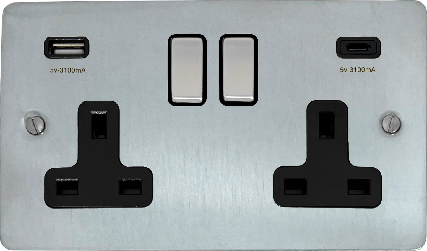 Flat Satin Chrome 2 Gang Socket C/W USBC Ports