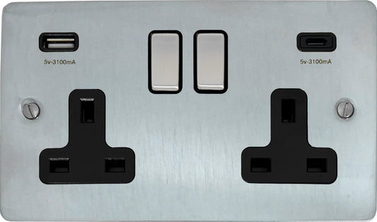 Flat Satin Chrome 2 Gang Socket C/W USBC Ports