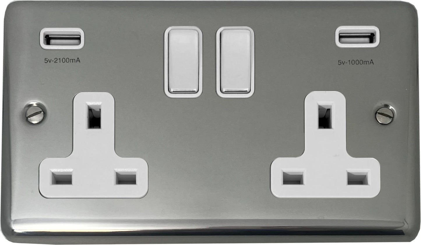 Contour Polished Steel 2 Gang Socket + Usb