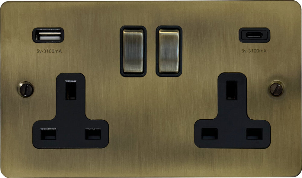 Flat Light Antique Brass 2 Gang USBC Socket