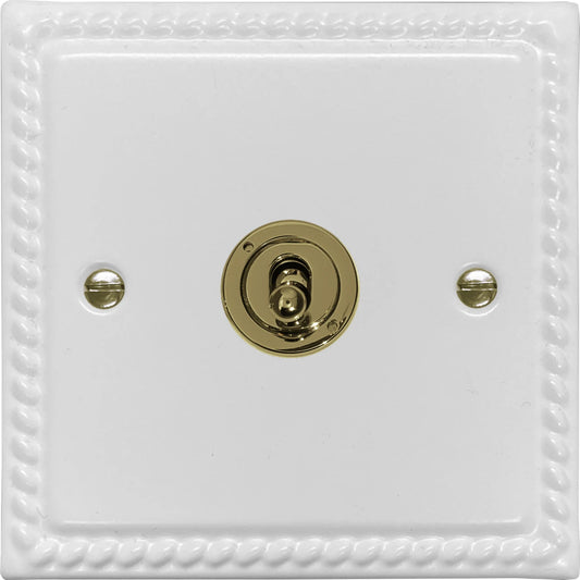 Georgian Flat White 1 Gang Toggle Switch (Polished Brass Toggle)