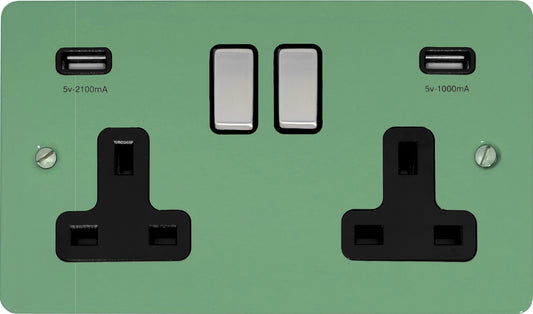 Flat Sage Green 2 Gang Socket with USB (Satin Chrome Switch/Black Insert)