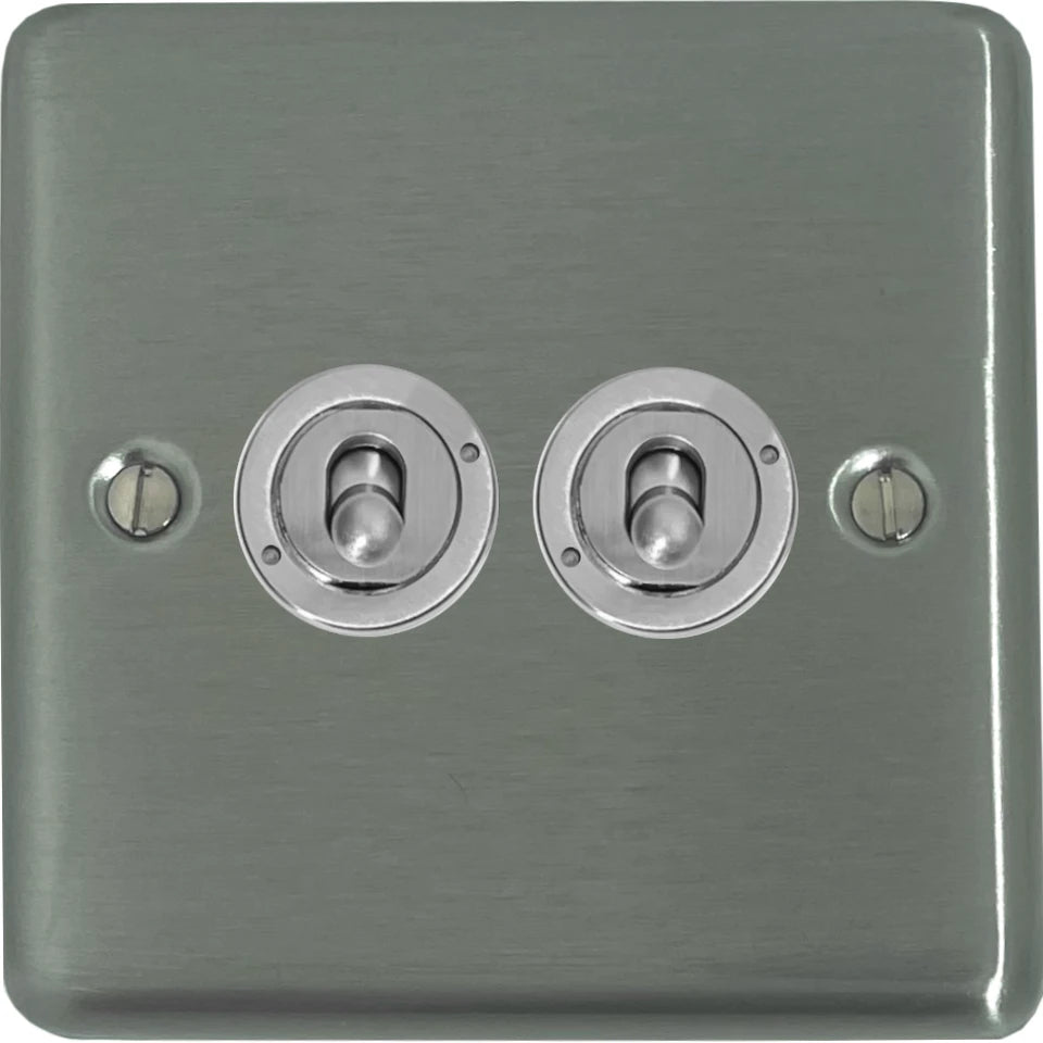 Contour Brushed Steel 2 Gang Toggle Switch