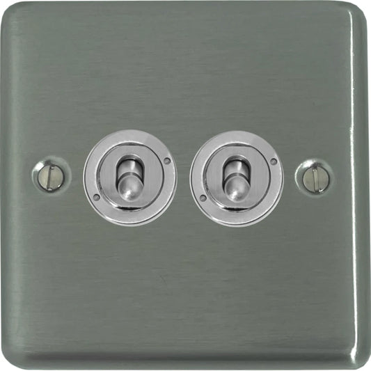 Contour Brushed Steel 2 Gang Toggle Switch