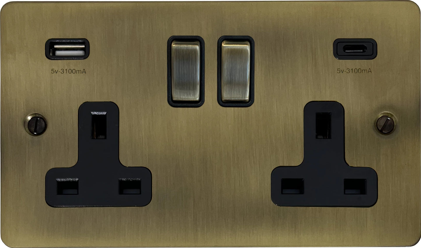 Flat Light Antique Brass 2 Gang USBC Socket