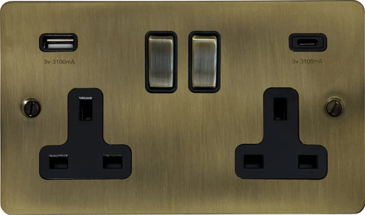 Flat Light Antique Brass 2 Gang USBC Socket