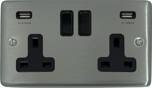 Contour  Brushed Steel  2 Gang Socket with USB