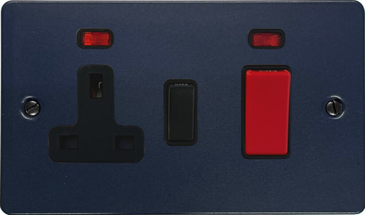 Flat Blue 45 Amp Cooker Switch and Socket (Black Switch)