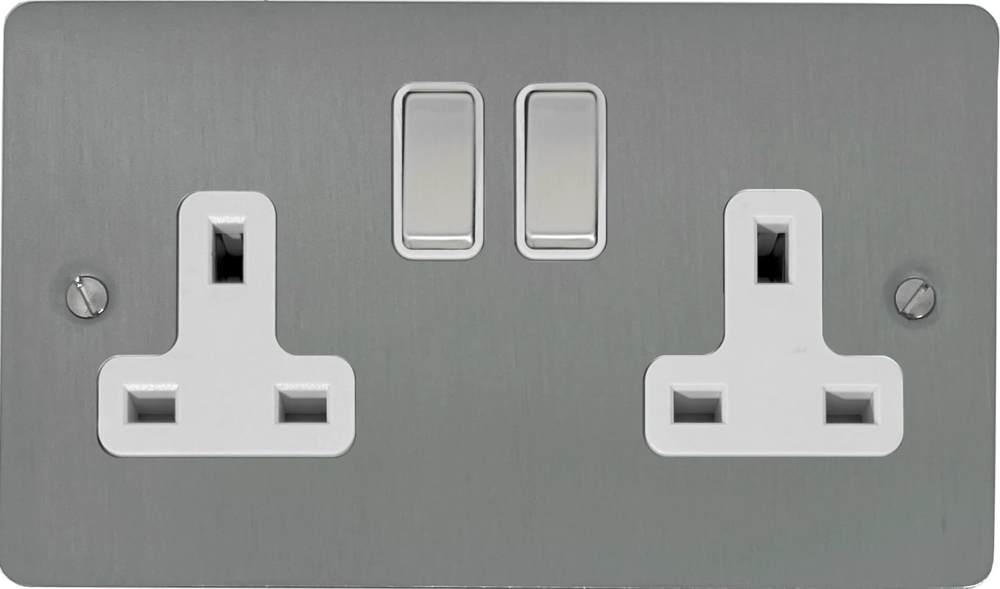 Flat  Brushed Steel  2 Gang Socket