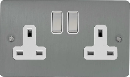 Flat  Brushed Steel  2 Gang Socket
