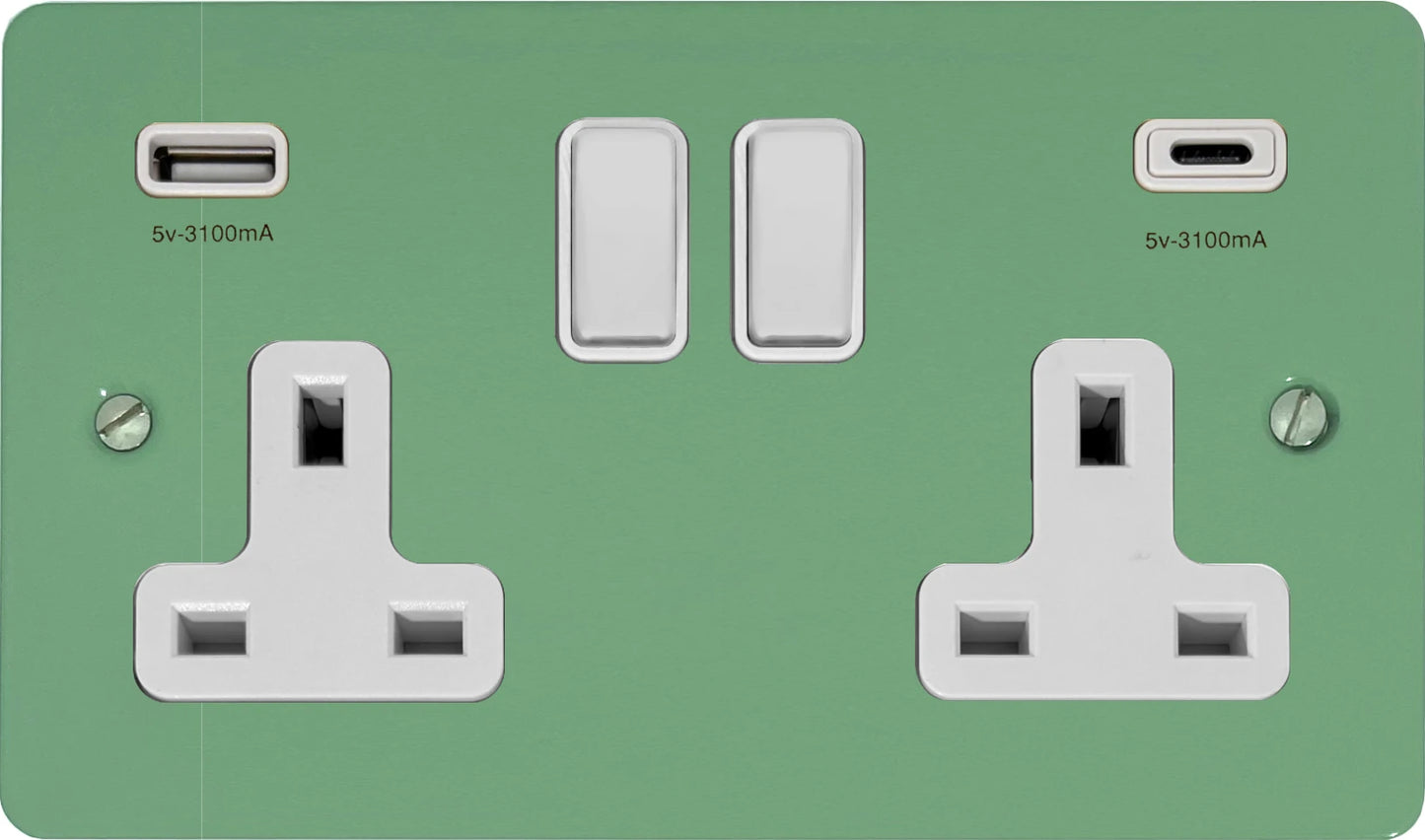 Flat Sage Green 2 Gang Socket with USBC (White Switches)