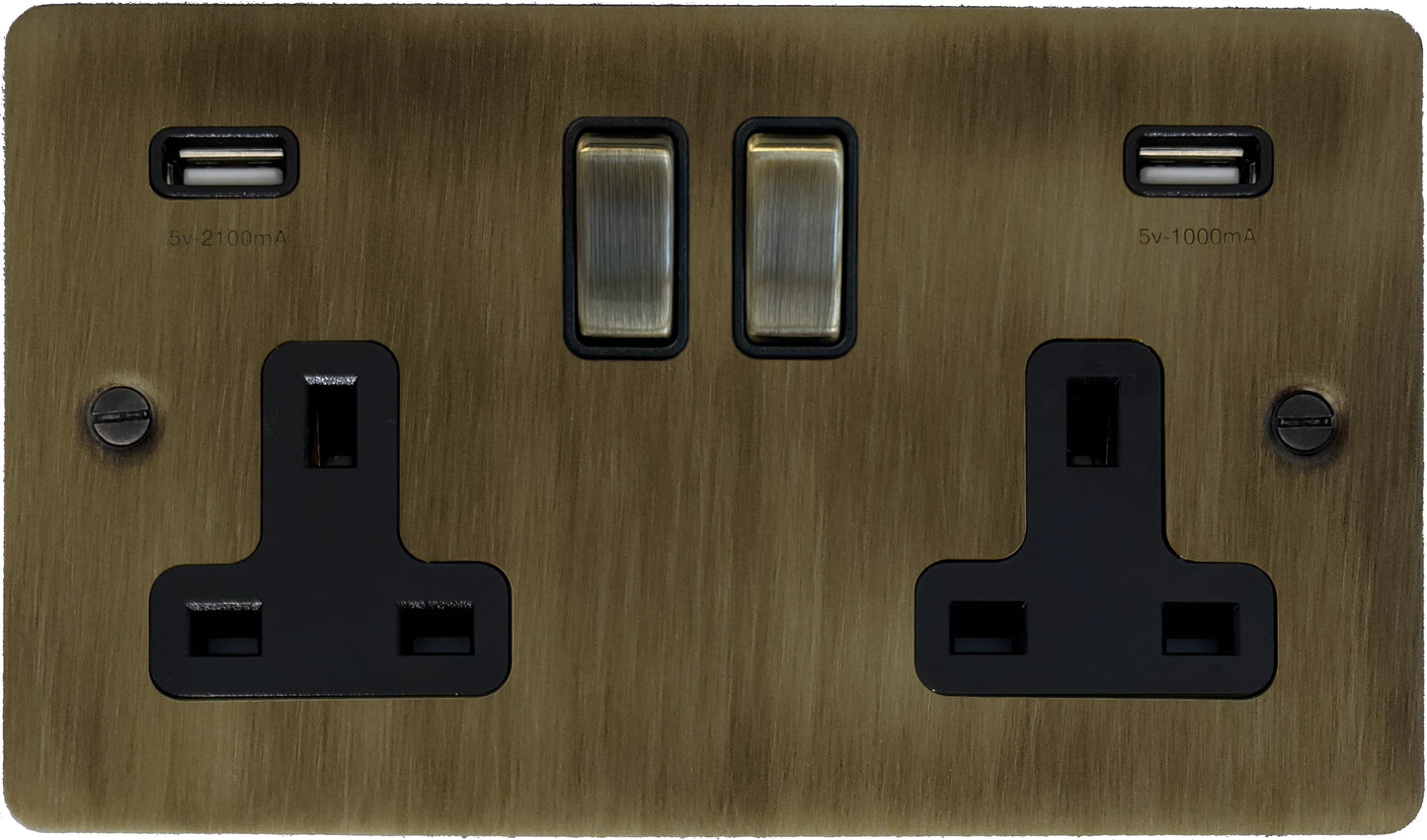 Flat Antique Brass 2 Gang USB Socket with USB (Brass Switches)