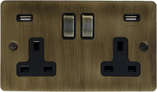 Flat Antique Brass 2 Gang USB Socket with USB (Brass Switches)