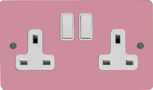 Flat Gloss Pink 2 Gang Socket (White Switches)