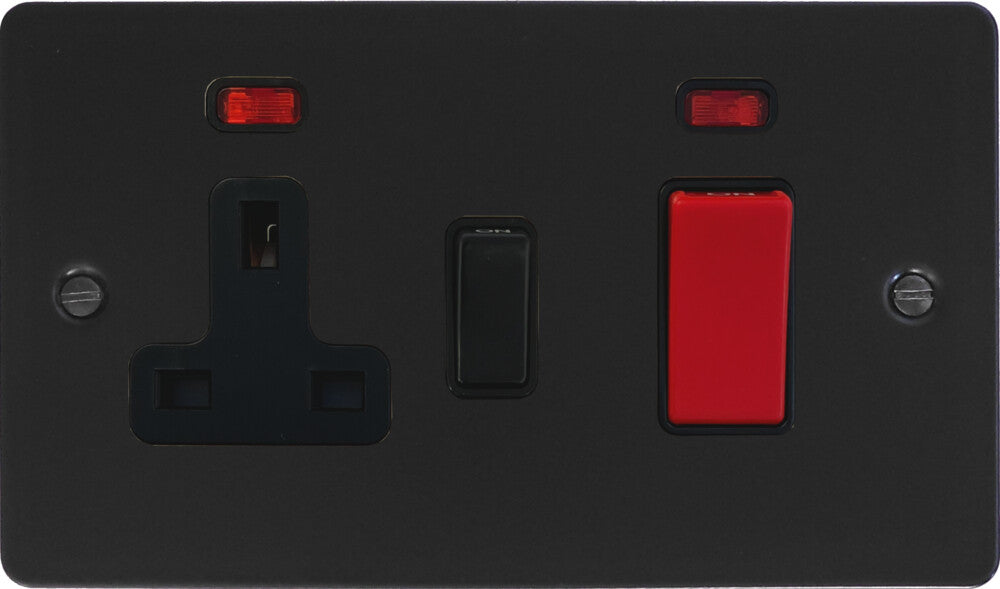 Flat Black 45 Amp Cooker Switch and Socket (Black Switch)