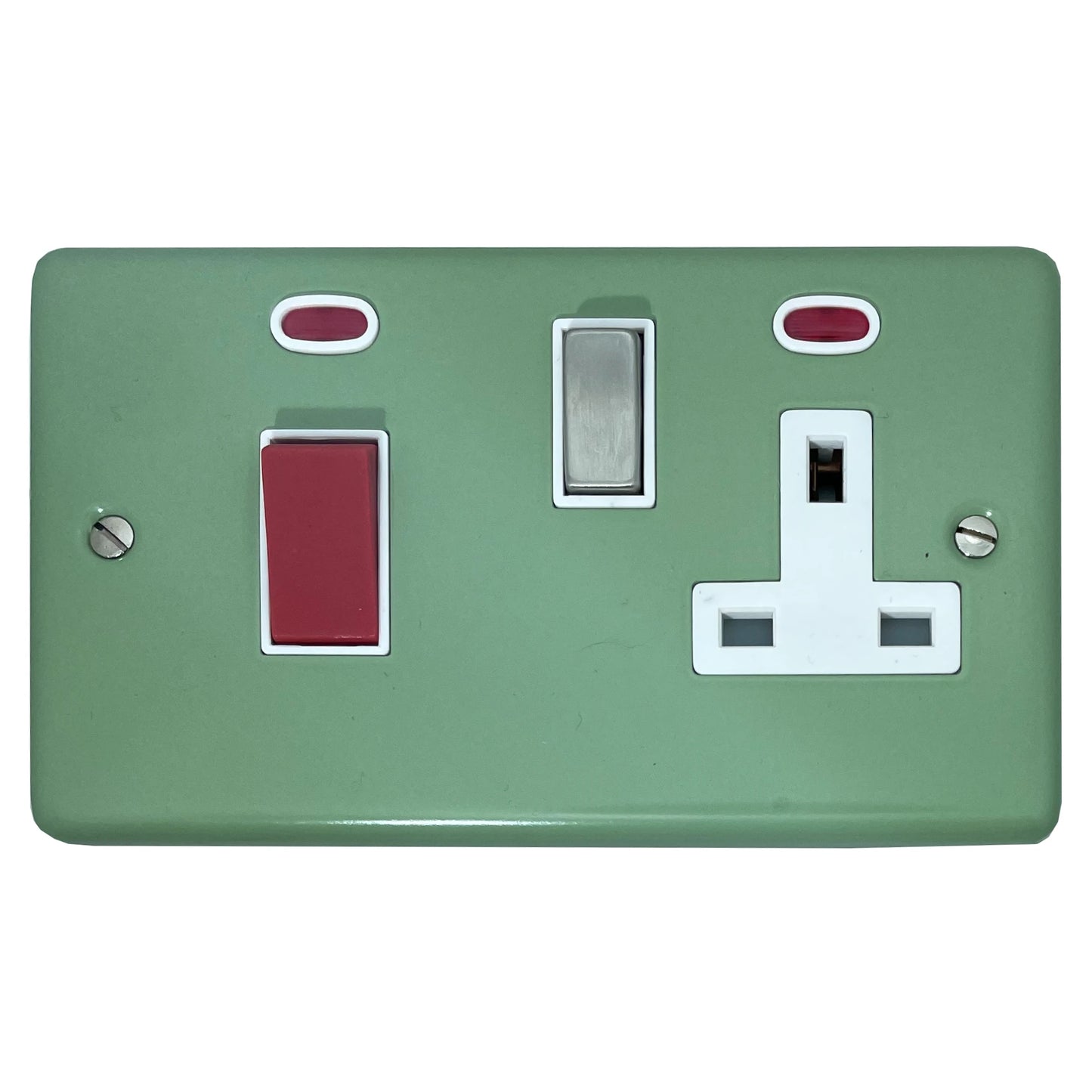 Classic Sage Green 45A Cooker Switch + Socket (Satin Chrome Switch/White Insert)