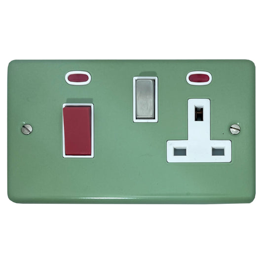 Classic Sage Green 45A Cooker Switch + Socket (Satin Chrome Switch/White Insert)