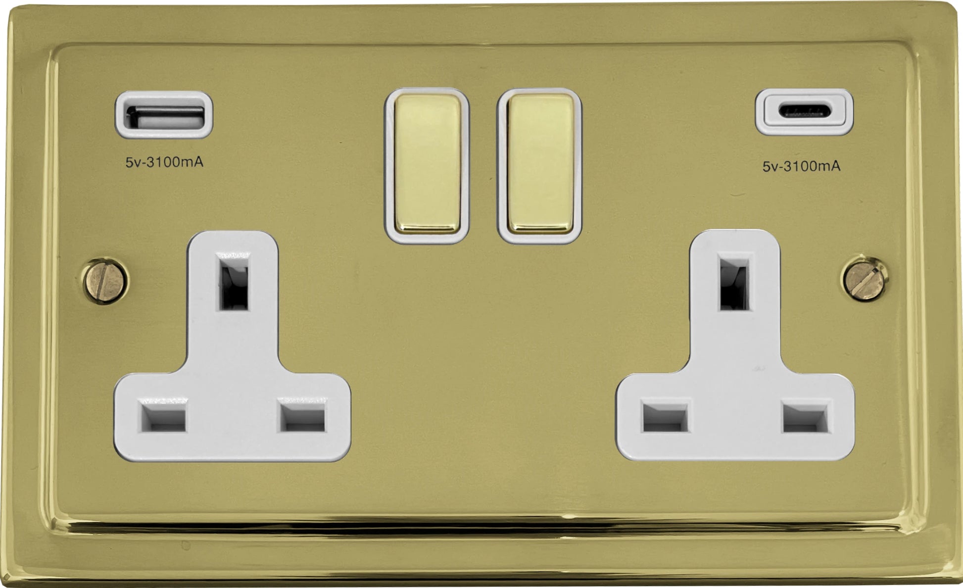 Victorian Unlacquered Brass 2 Gang Socket C/W USBC Port (White Insert) - Victorian Cast range electrical socket