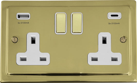 Victorian Unlacquered Brass 2 Gang Socket C/W USBC Port (White Insert) - Victorian Cast range electrical socket