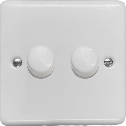 Contour Flat White 2 Gang Dimmer LED - White Caps