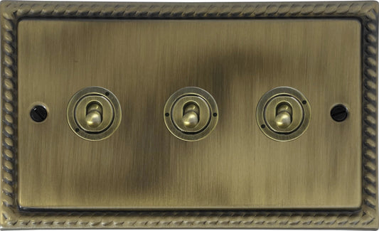Georgian Light Antique Brass 3 Gang Toggle Switch