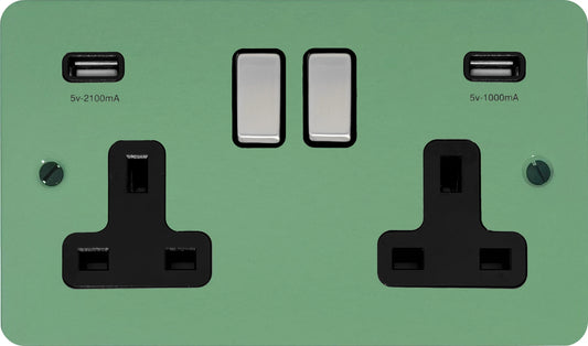 Flat Sage Green 2 Gang Socket with USB (Satin Chrome Switch/Black Insert)