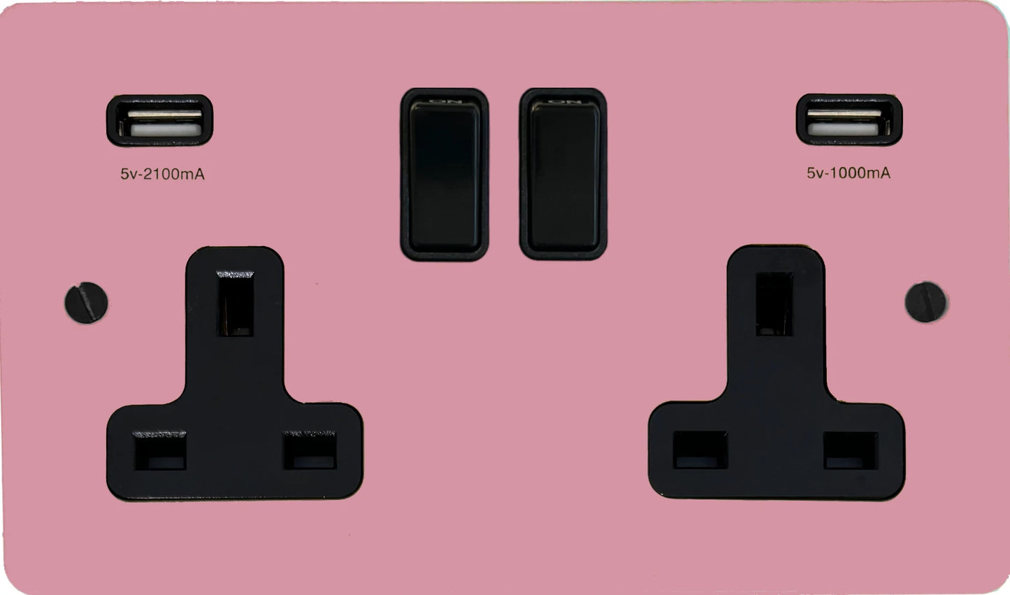 Flat Gloss Pink 2 Gang Socket with USB (Black Switches)