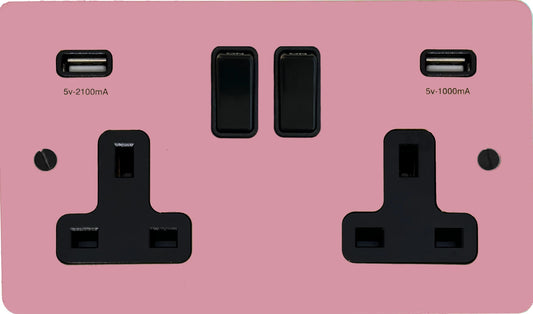 Flat Gloss Pink 2 Gang Socket with USB (Black Switches)