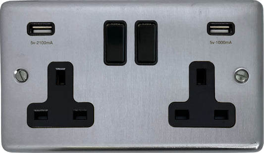 Contour Satin Chrome  2 Gang Socket with USB