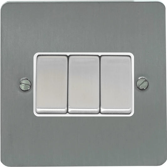 Flat Brushed Steel 3 Gang 2 Way Switch