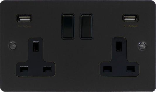 Flat Black 2 Gang Socket with USB (Black Switches)
