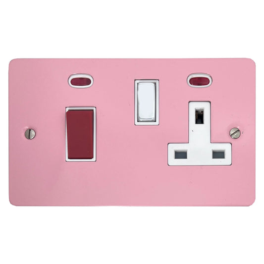 Flat Gloss Pink 45 Amp Cooker Switch and Socket (Polished Chrome Switches/White Inserts) - Flat range electrical cooker switch