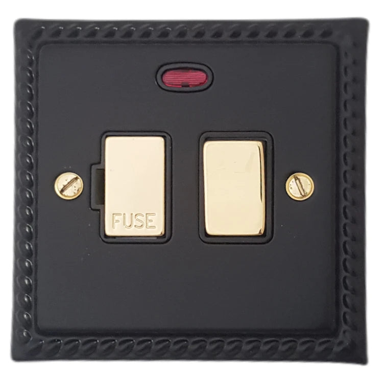 Georgian Flat Black Switch Fused Spur and Neon (Brass Switch)