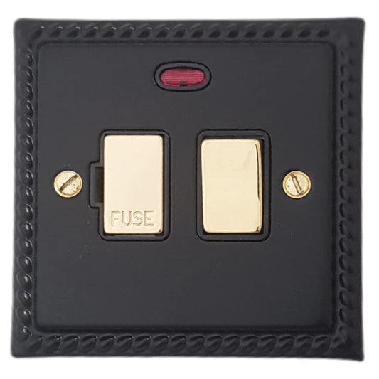 Georgian Flat Black Switch Fused Spur and Neon (Brass Switch)