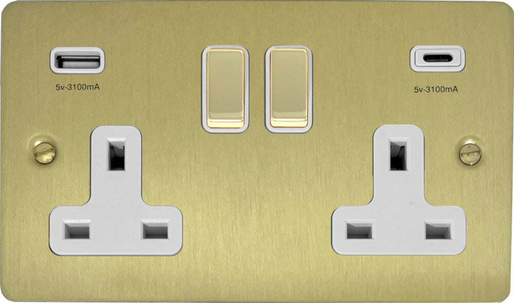 Flat Satin Brass 2 Gang Socket C/W USBC Ports