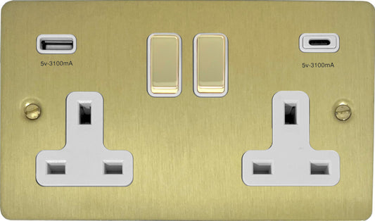 Flat Satin Brass 2 Gang Socket C/W USBC Ports