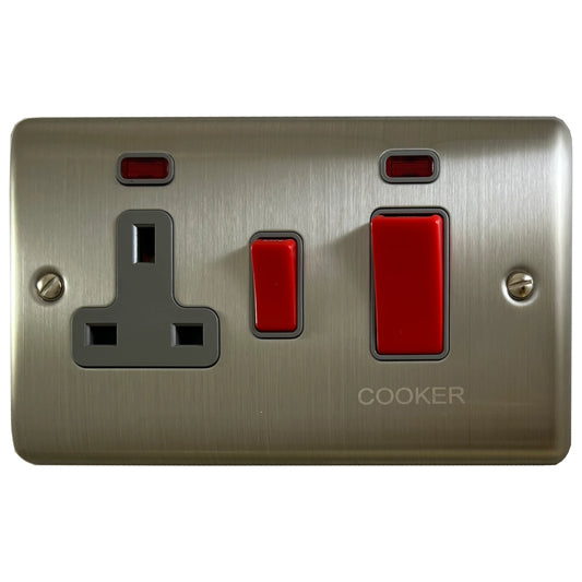 Basics Brushed Steel 45 Amp Cooker Switch with Socket