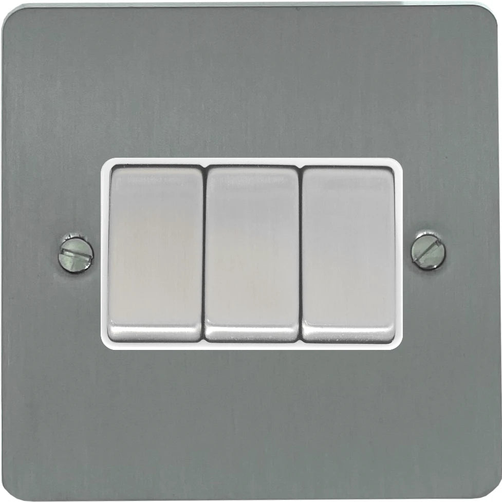 Flat Brushed Steel 3 Gang 2 Way Switch