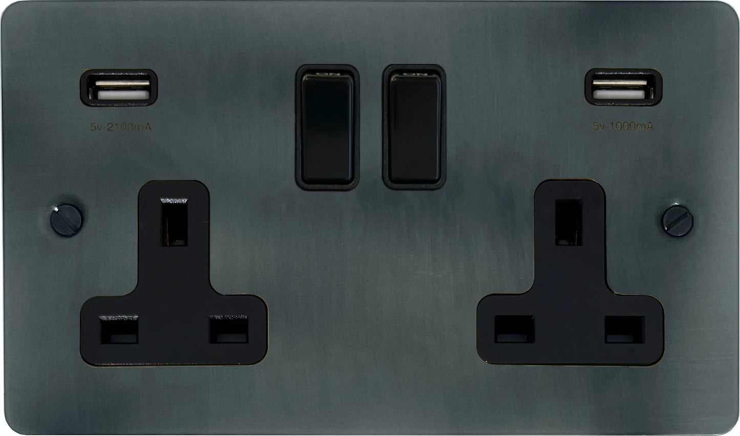 Flat Slate Effect  2 Gang Socket with USB