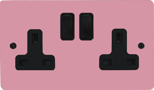 Flat Gloss Pink 2 Gang Socket (Black Switches)