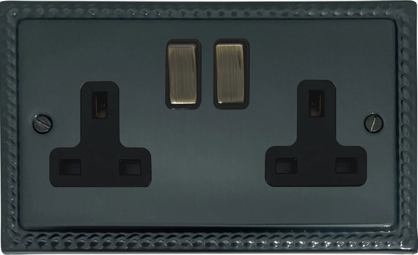 Georgian Black Bronze 2 Gang Socket (Antique Brass Switches)
