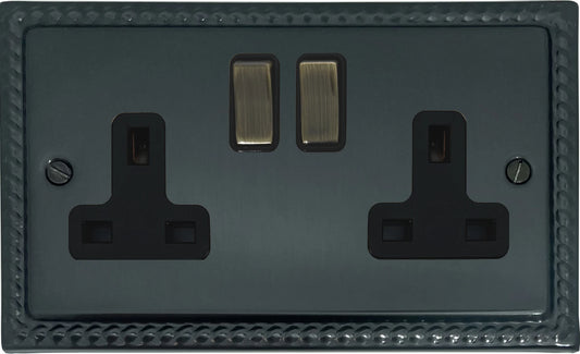 Georgian Black Bronze 2 Gang Socket (Antique Brass Switches)