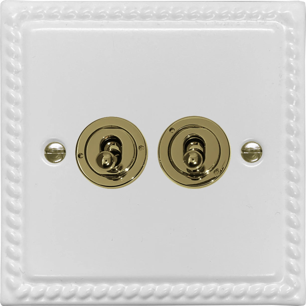 Georgian Flat White 2 Gang Toggle Switch (Polished Brass Toggle)