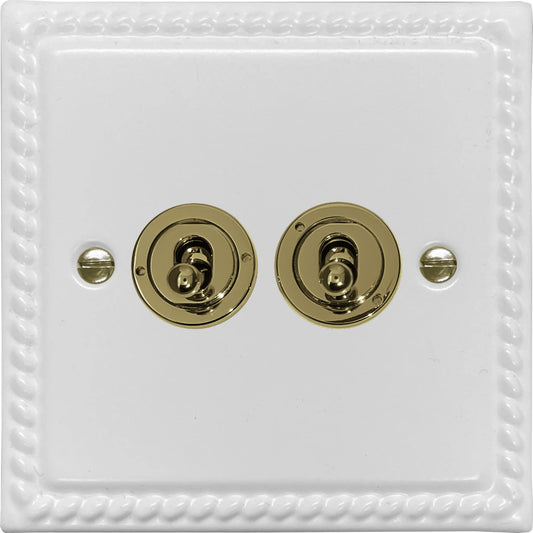 Georgian Flat White 2 Gang Toggle Switch (Polished Brass Toggle)