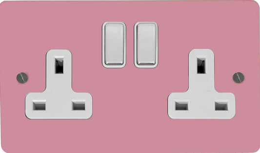 Flat Gloss Pink 2 Gang Socket (Polished Chrome Switches/White Inserts)