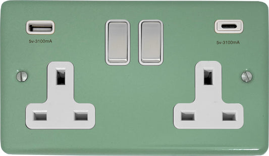 Classic Sage Green Classic 2 Gang Socket with USBC (Satin Chrome Switch/White Insert)