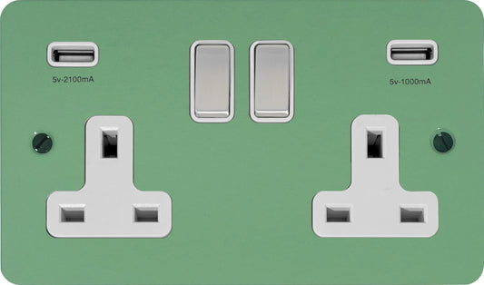 Flat Sage Green 2 Gang Socket with USB (Satin Chrome Switches/White Inserts)