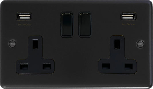 Contour  Flat Black  2 Gang Socket with USB (Black Switches)